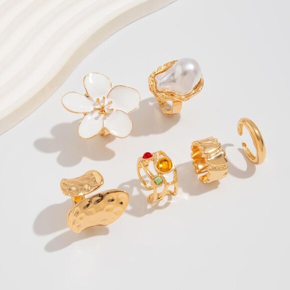 Women Gold Rings Set Pearl Flower Gemstone Stackable Knuckle Chunky Statement - Picture 7 of 7